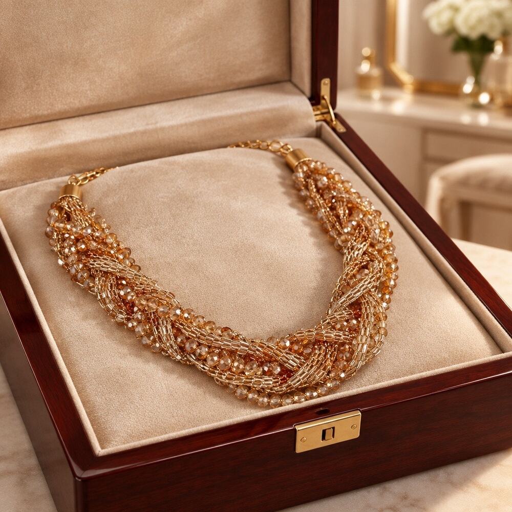 VTG Champagne Gold Beaded Multi Strand Braided Statement Choker Necklace